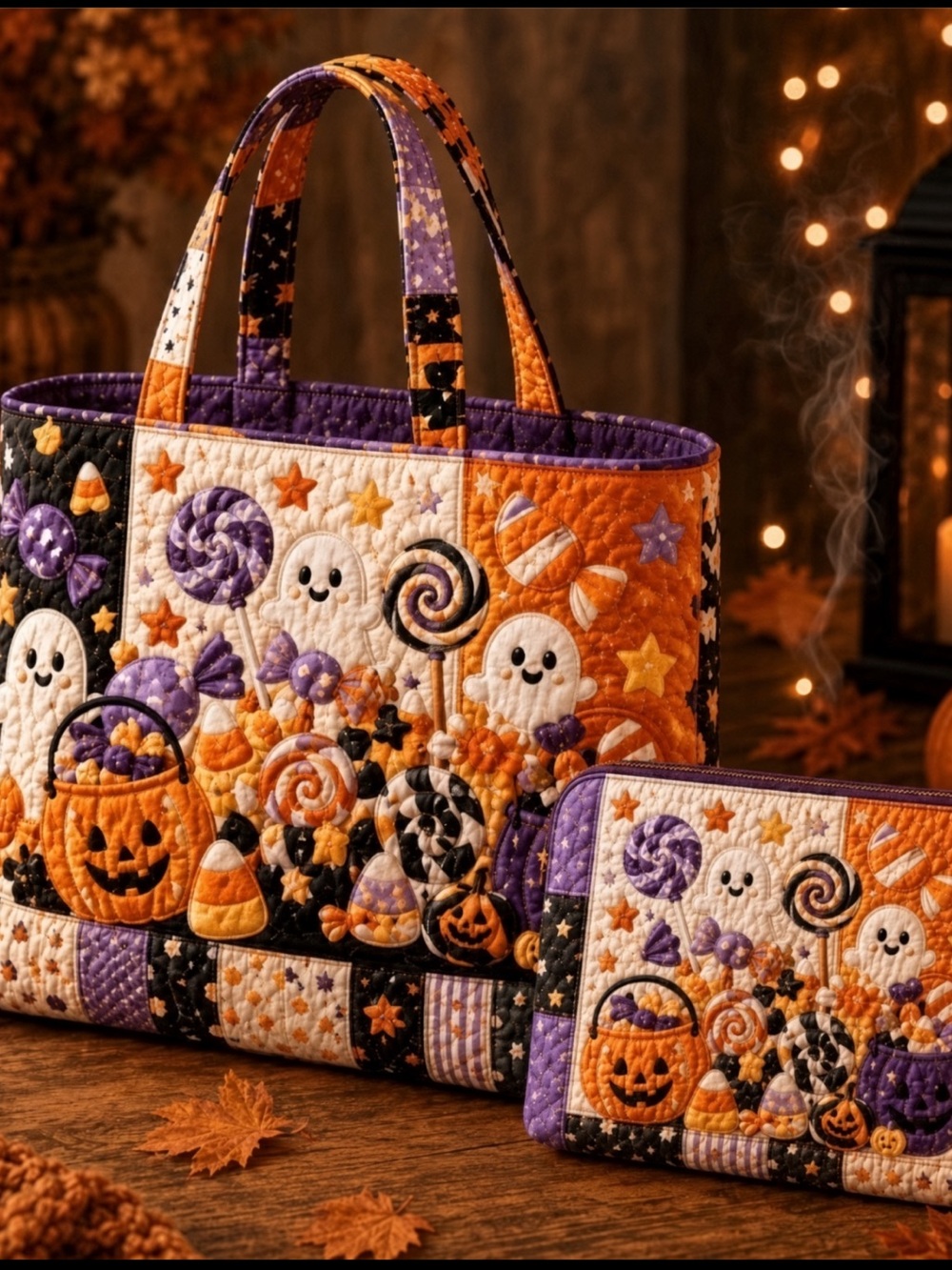 Quilted Halloween Tote & Cosmetic Bag in Halloween Colors | Orange & Purple - Picture 11 of 11